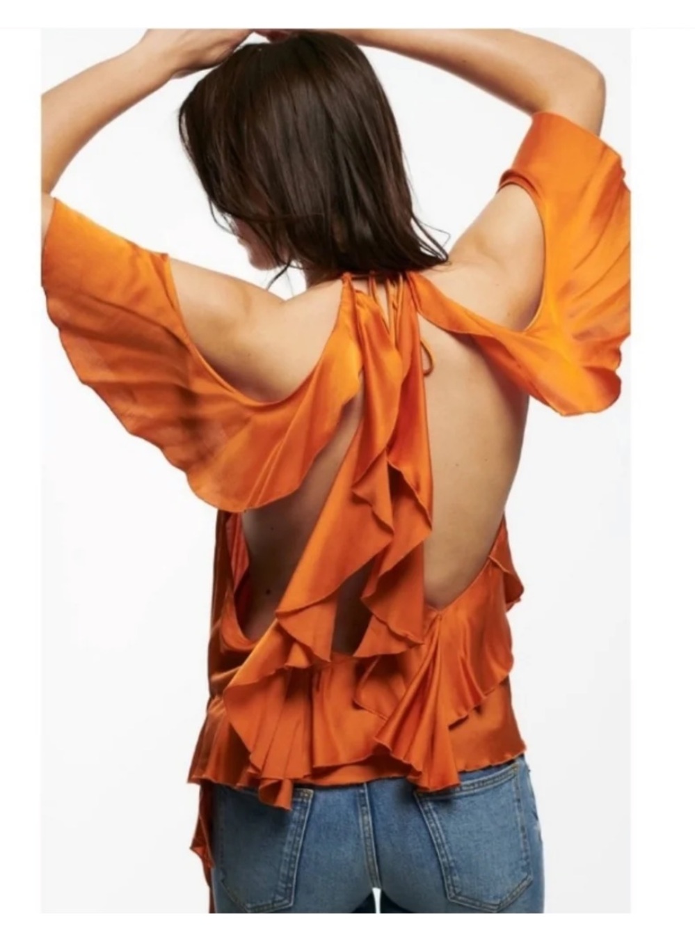 Zara Limited Edition Burnt Orange ruffle Open Back Asymmetrical Blouse, size M - Picture 5 of 15